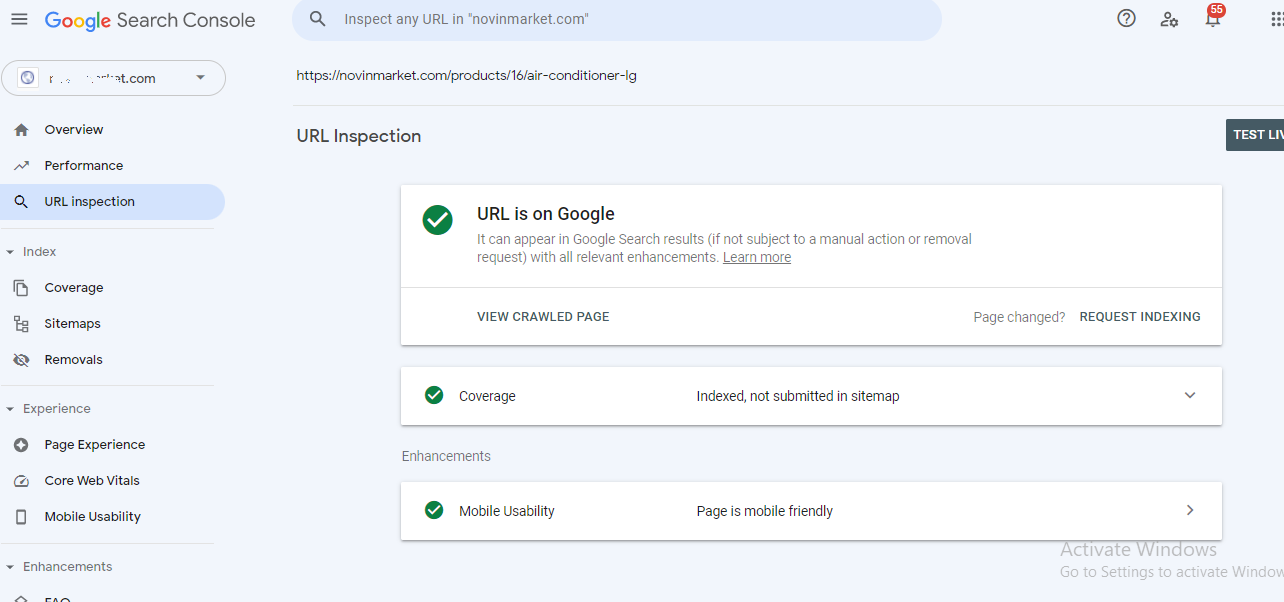 منو URL inspection در گوگل سرچ کنسول