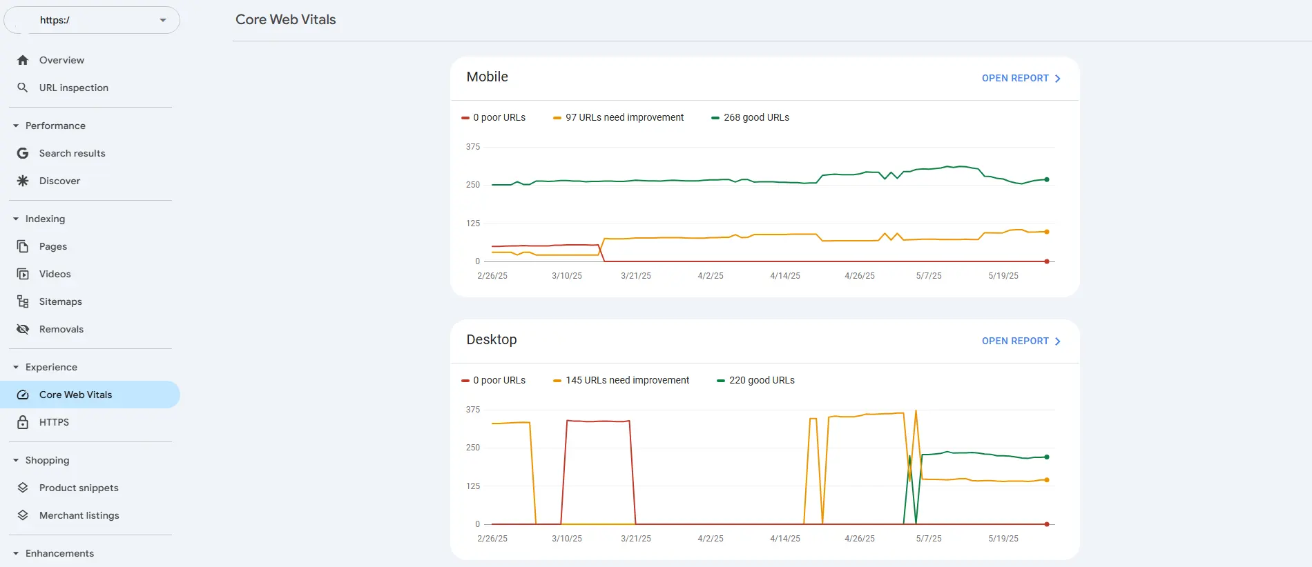 تصویری از بخش Experience و Core web vitals سرچ کنسول گوگل 